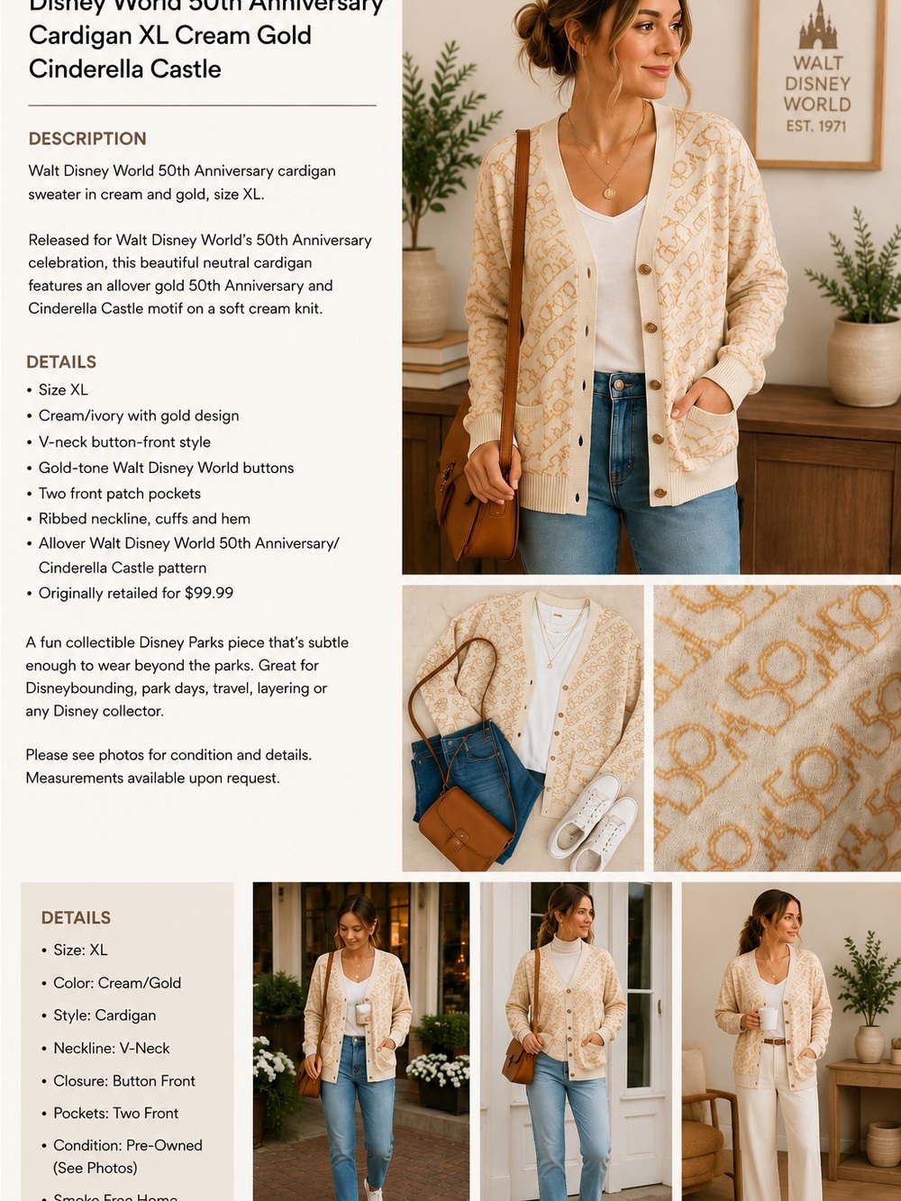 Disney Cream & Gold V-Neck Cardigan with Castle Motif 50th Anniversary